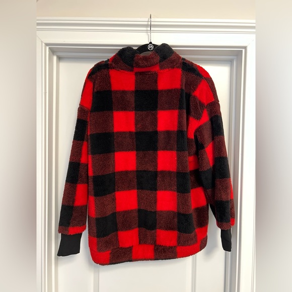 New! Loft Women’s Sherpa Quarter Zip Red and Black Buffalo Plaid Sweatshirt - Picture 13 of 15